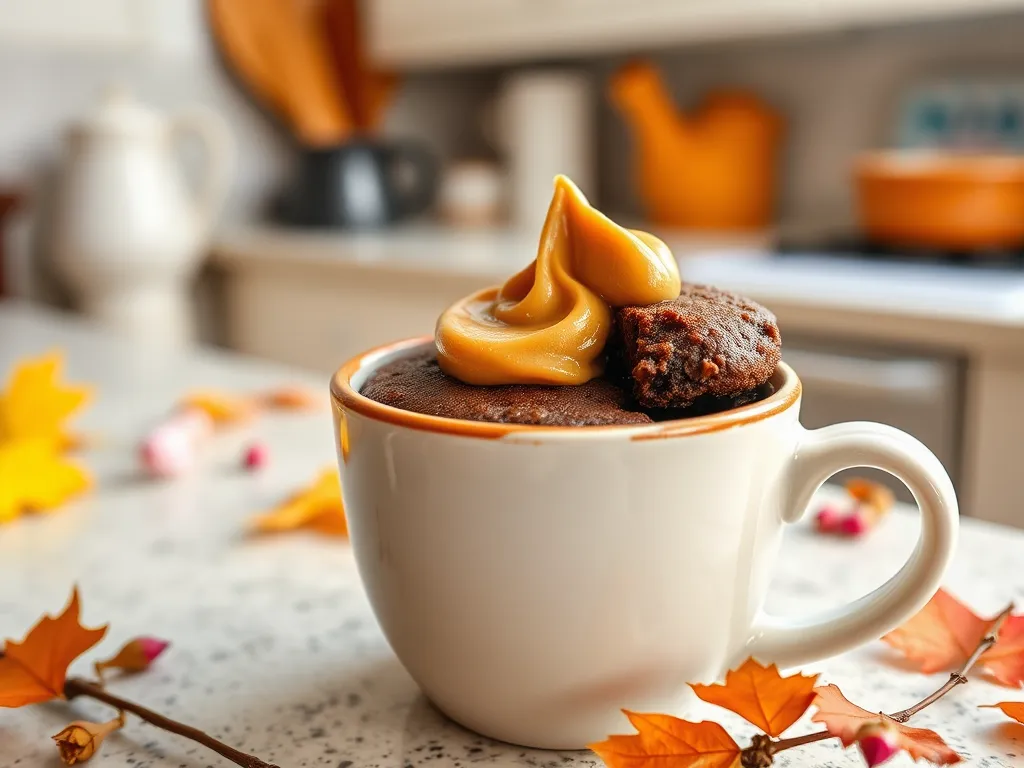 Delicious microwave chocolate peanut butter mug topped with creamy peanut butter and cookie