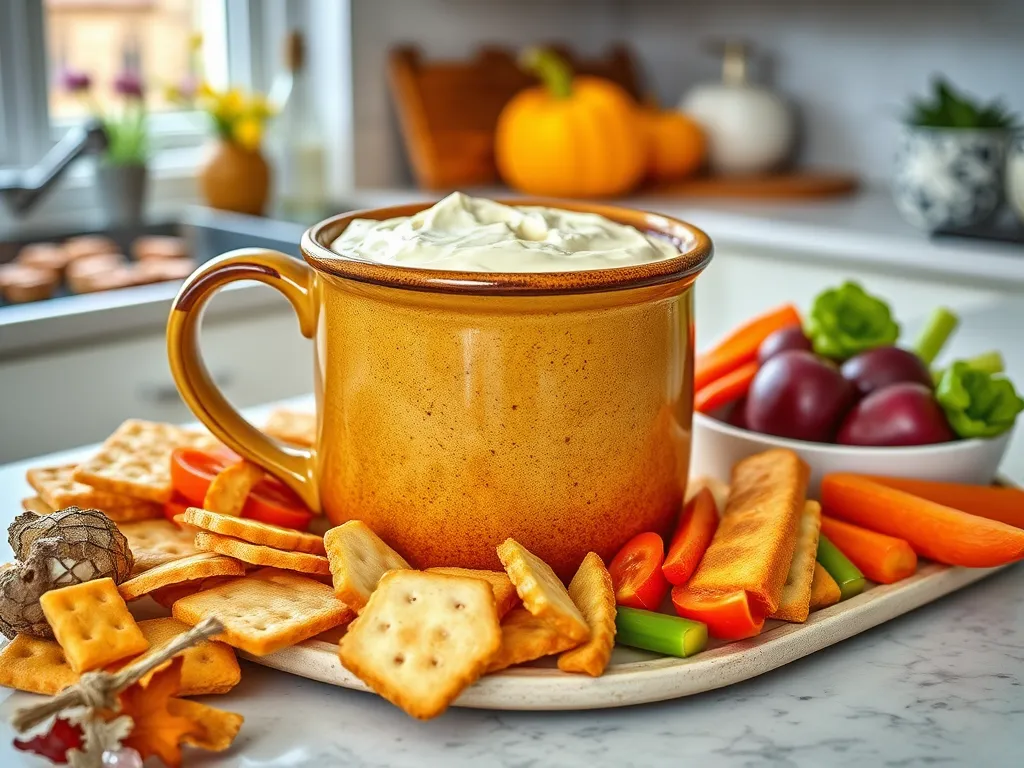 Delicious Cinnamon Roll Dip served with crackers and fresh vegetables, perfect for a cozy snack.