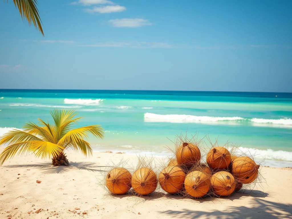 Coconut clusters on a beach with turquoise waters, evoking a tropical vibe.
