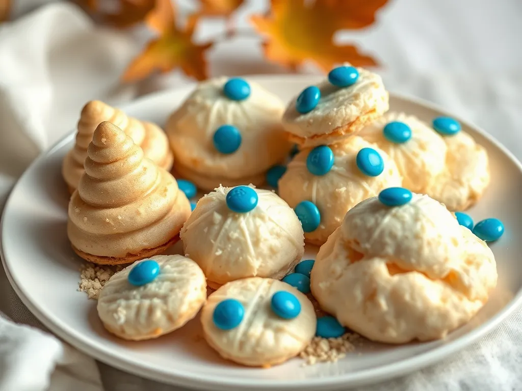 Delicious coconut macaroons with blue toppings on a plate, perfect for beach vibes.
