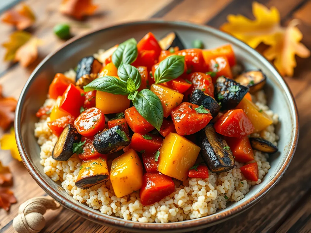 Colorful veggie ratatouille served over a bed of couscous, showcasing vibrant vegetables.
