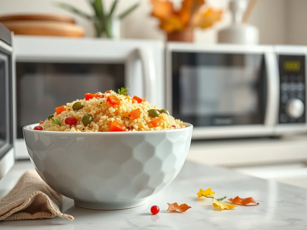 A bowl of couscous cooked with microwave-boiled water, showcasing colorful vegetables.