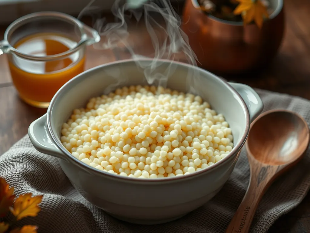 Steamed couscous in a bowl, ready to be served, showcasing the texture and preparation method using microwave-boiled water.