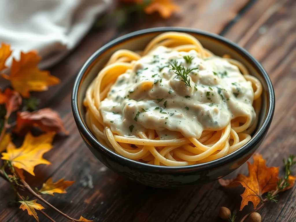 Delicious pasta with creamy sauce prepared in a microwave bowl