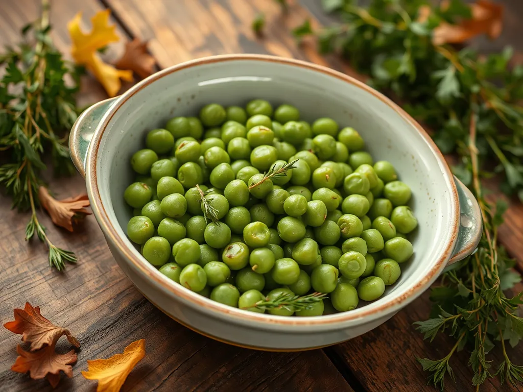 A bowl of fresh green peas, perfect for cooking in the microwave.