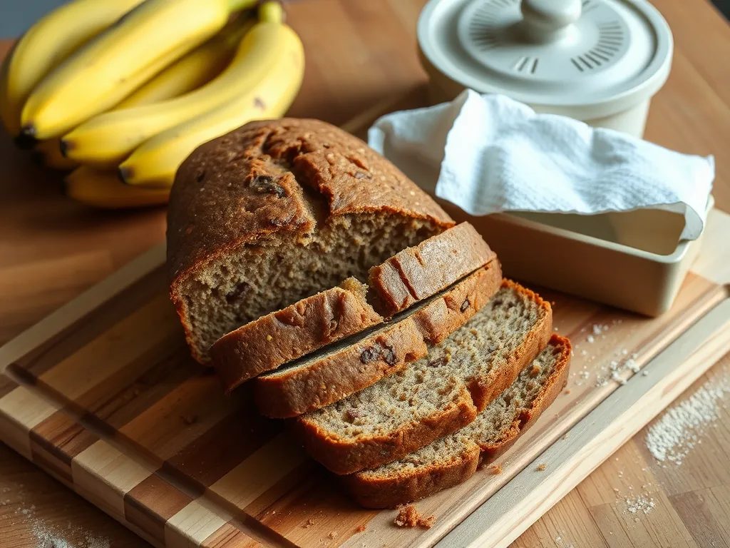 Delicious microwave loaf of Copycat Starbucks Banana Bread sliced on a wooden board with bananas in the background.