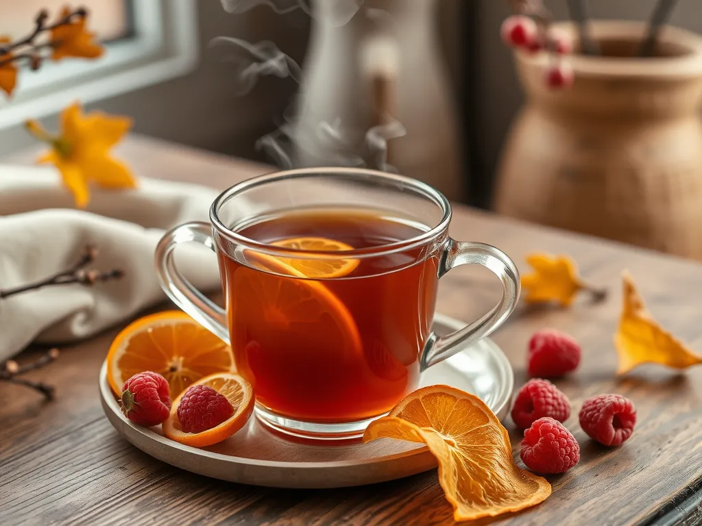 A glass of microwave-steeped iced tea with orange and raspberry garnishes.