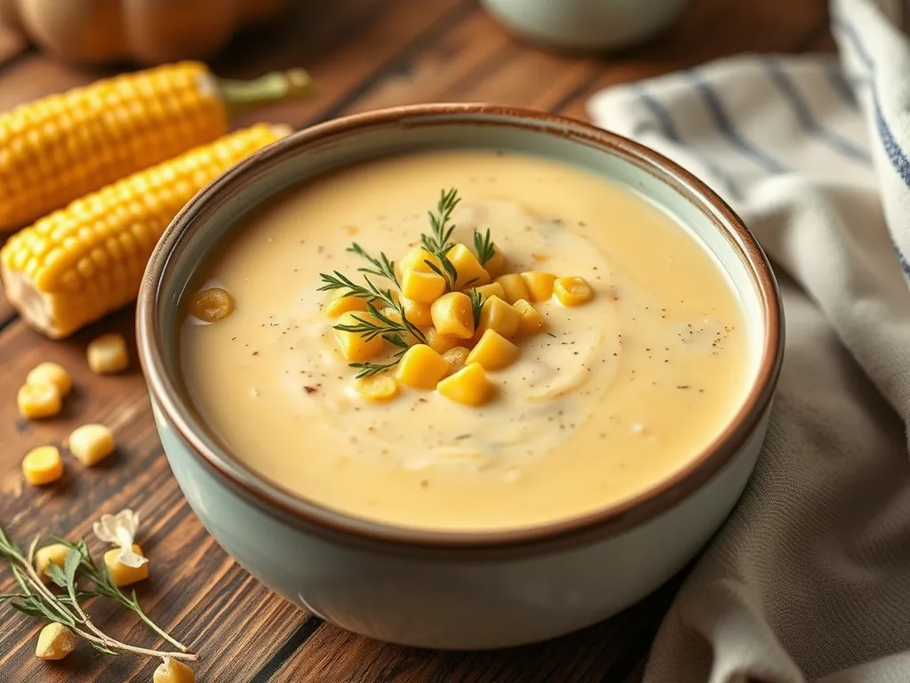 Delicious creamy corn chowder in a bowl with corn kernels and herbs, ideal for a quick microwave recipe.