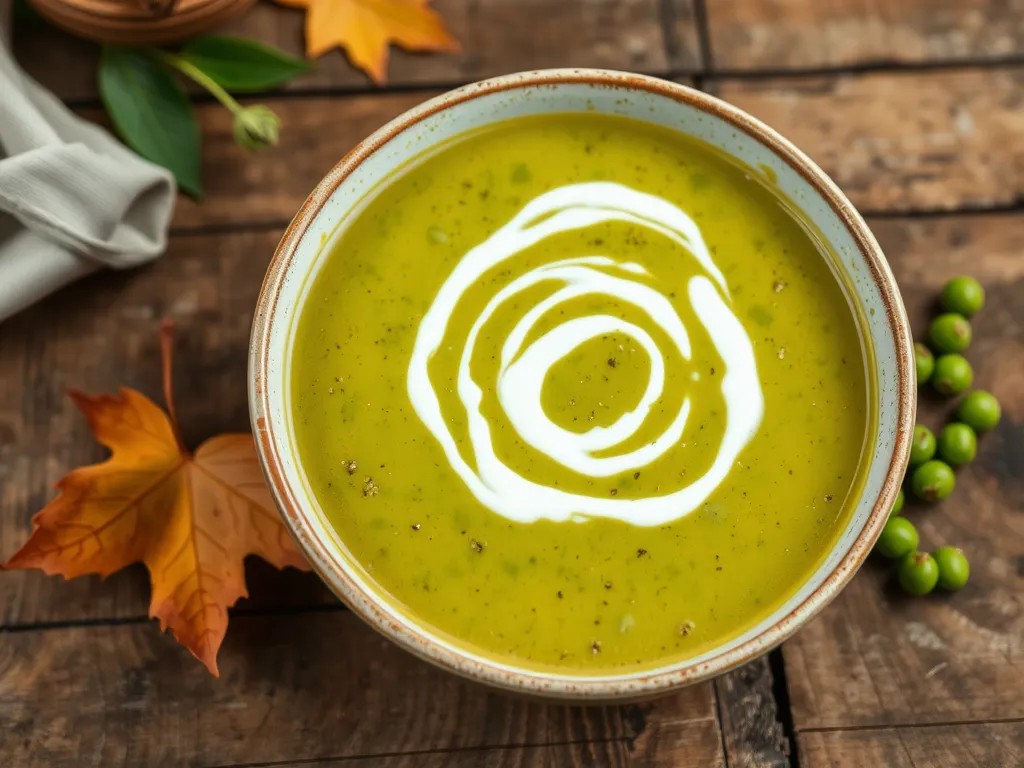 Delicious creamy pea soup made in the microwave, topped with a swirl of cream.