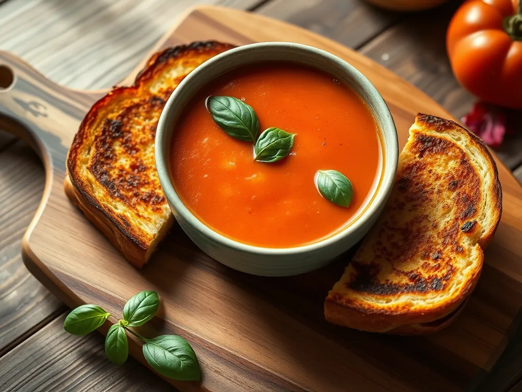 A bowl of creamy tomato soup garnished with basil, served with toasted bread, perfect for a one-pot microwave recipe.