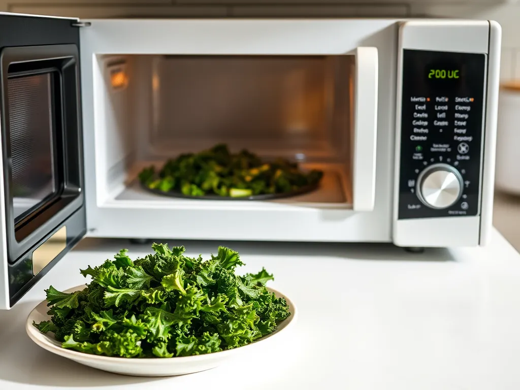 Fresh kale leaves prepared for making crispy kale chips in the microwave