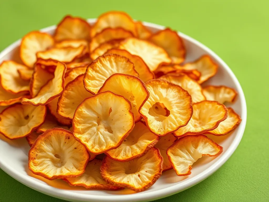 Close-up of crispy radish chips on a plate, ideal for a healthy snack