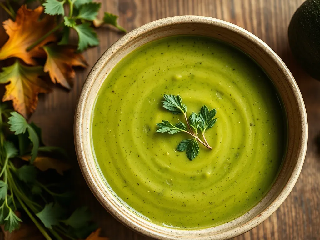 Delicious cucumber avocado soup with a creamy texture, featuring a garlic base.