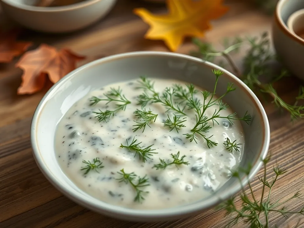 A bowl of creamy dill sauce garnished with fresh spring greens.