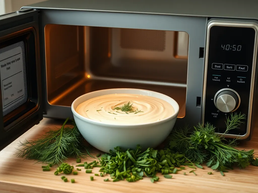 Creamy dill sauce with spring herbs in a bowl, ready to be heated in the microwave.