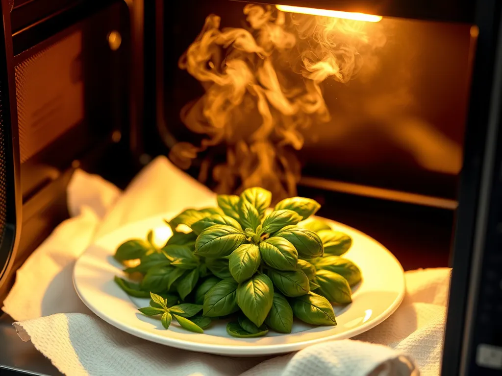 Fresh basil leaves being dried in a microwave, demonstrating the method for drying basil quickly.