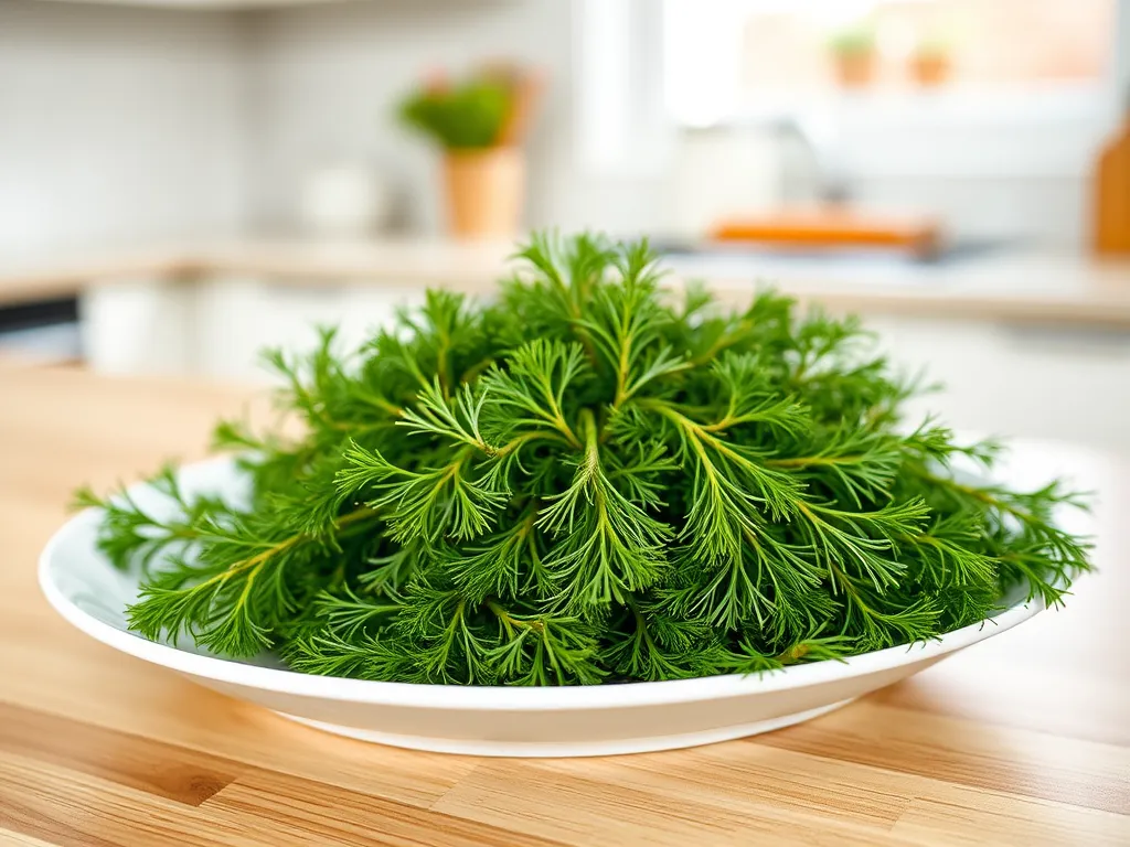 Fresh dill on a plate illustrating the process of how to dry dill in the microwave.
