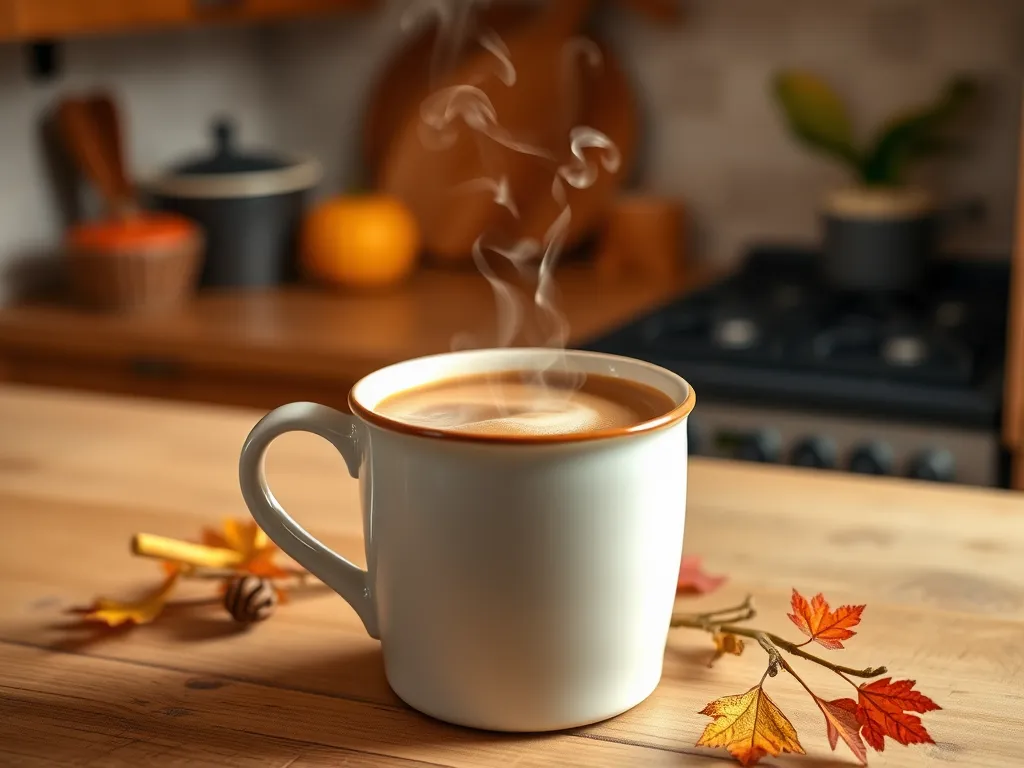 A steaming cup of easy 2-minute chai latte with fall leaves in the background.