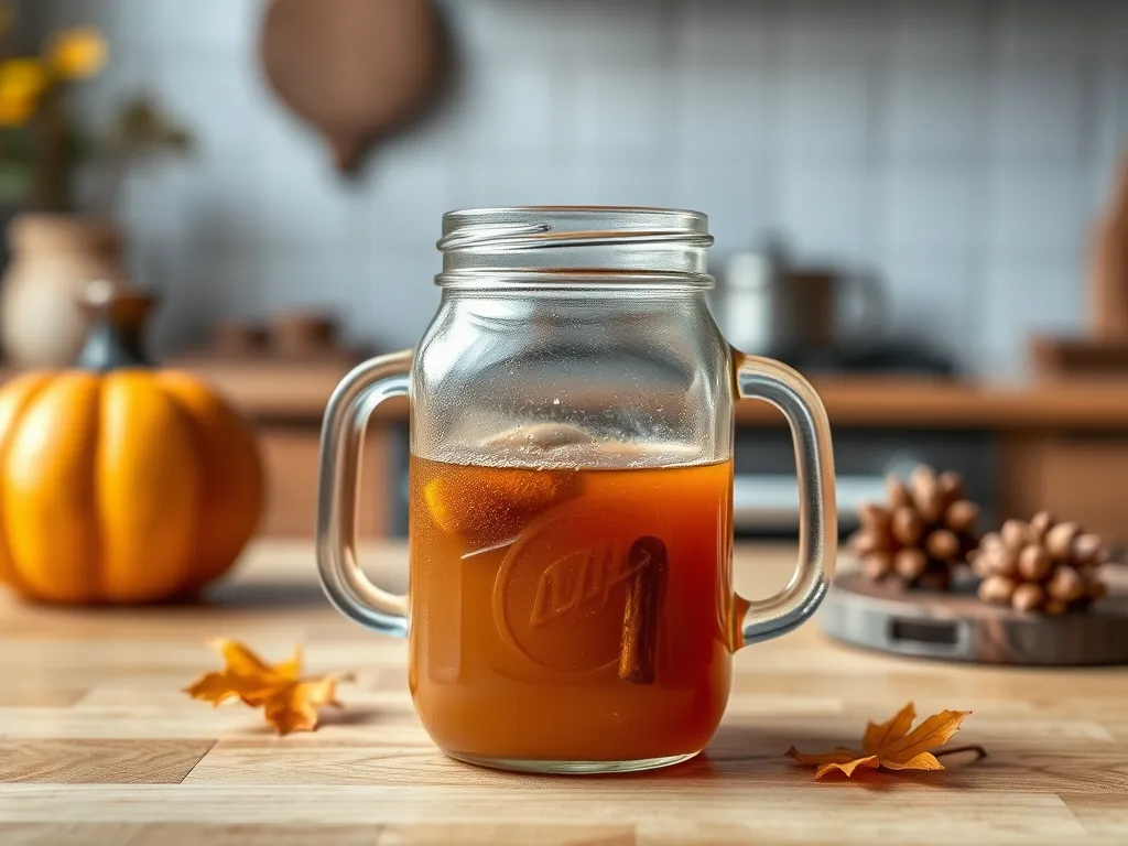 A glass jar filled with easy 2-minute chai tea, featuring spices and a cozy kitchen background.