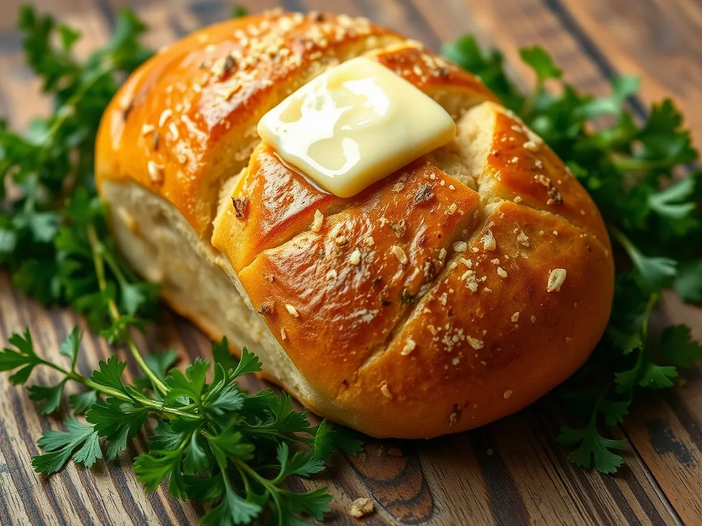 Freshly made easy 2-minute garlic bread topped with butter and garnished with herbs.