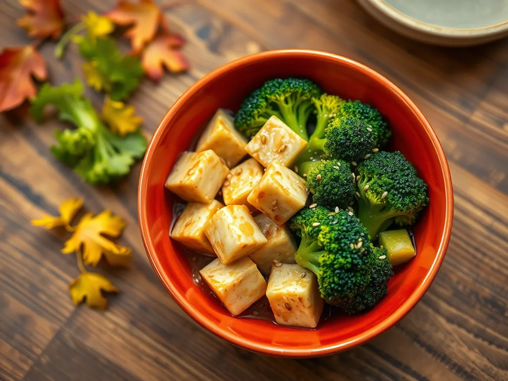 Bowl of ginger broccoli with tofu garnished with sesame seeds, perfect for a quick healthy meal.