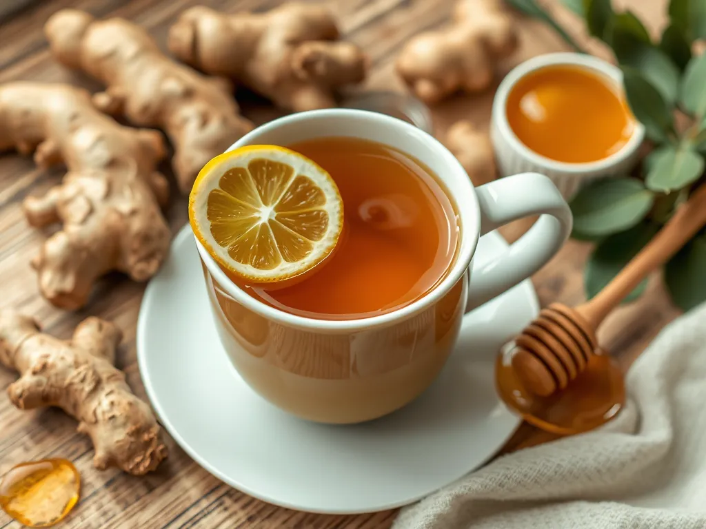 A cup of ginger tea with lemon and honey, surrounded by fresh ginger roots.