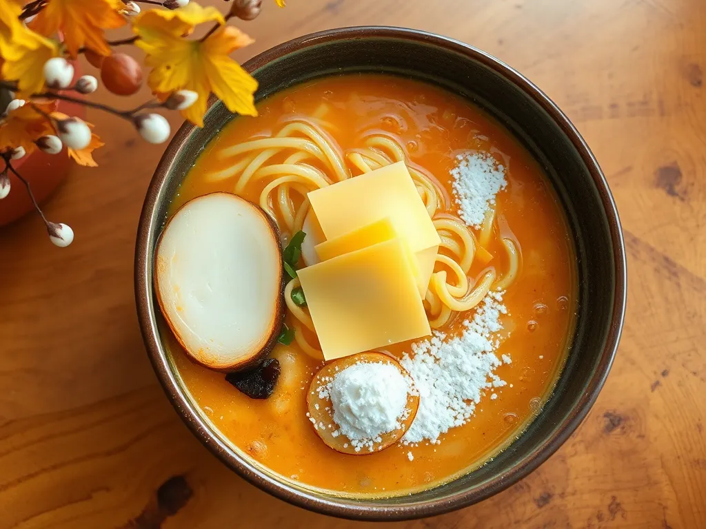 Bowl of ramen with cheese, vegetables, and toppings for an easy 2-minute upgrade