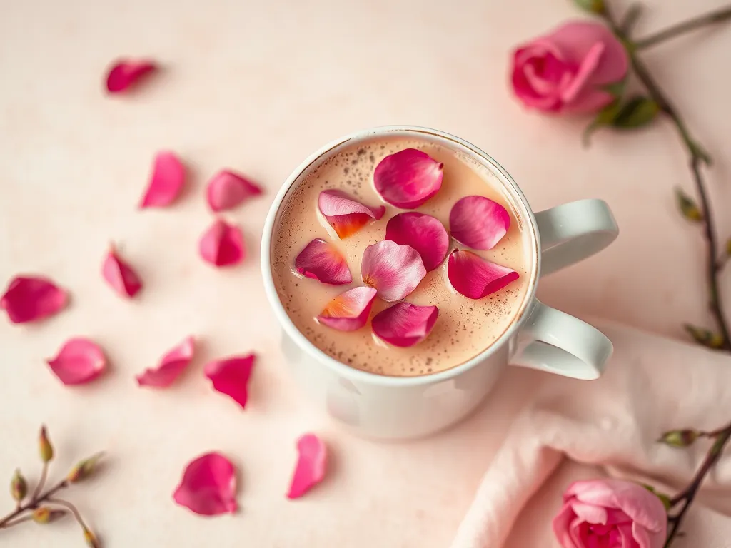 Creamy rose latte topped with fresh rose petals