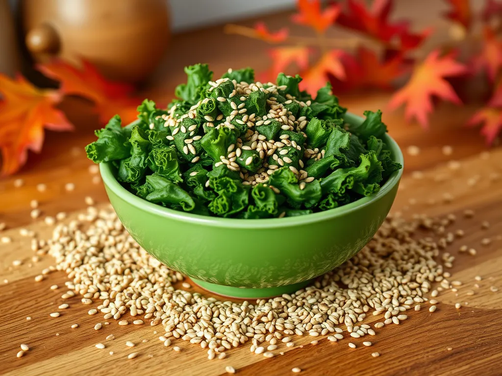 Bowl of sesame kale surrounded by sesame seeds, perfect for a quick 2-minute recipe.