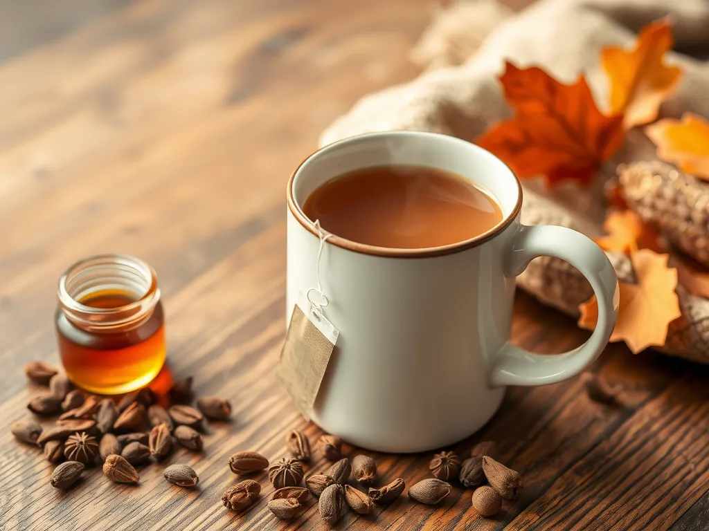 A cup of spiced chai with honey and spices on a wooden table, perfect for a quick 2-minute recipe.