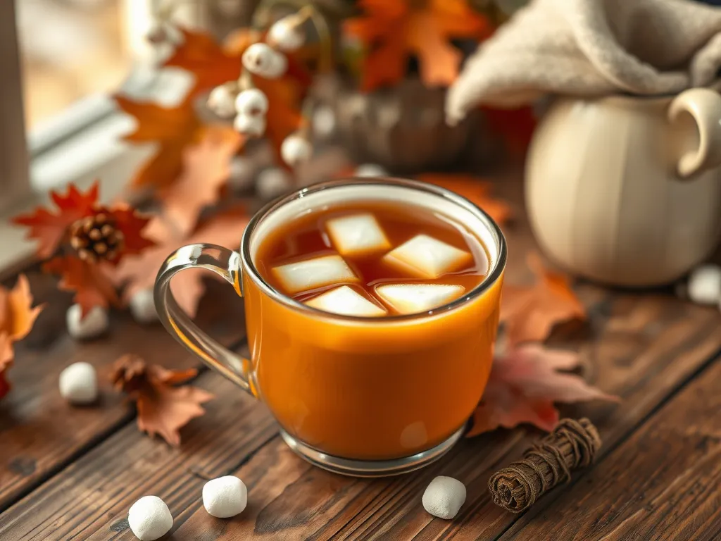 A warm cup of easy 2-minute spiced tea with ice cubes, surrounded by autumn leaves and decorative elements.