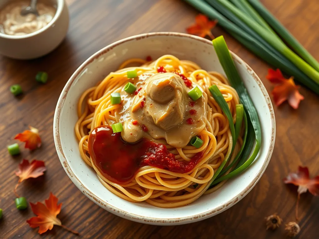 Bowl of easy 2-minute Thai noodles topped with sauce and green onions.