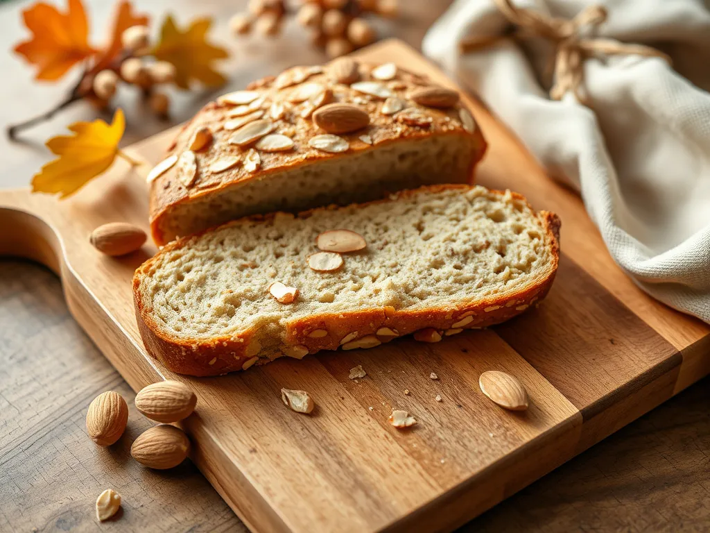 Delicious easy 90-second almond bread with almonds on top, perfect for quick snacks.