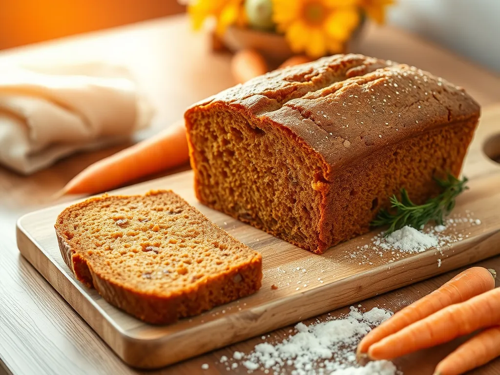 Freshly baked easy 90-second carrot bread on a cutting board with carrots and sugar
