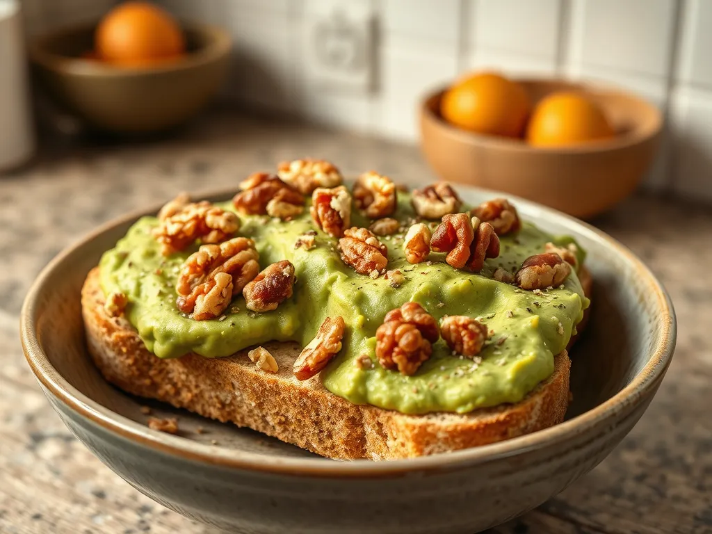 Delicious slice of chia bread topped with avocado and walnuts