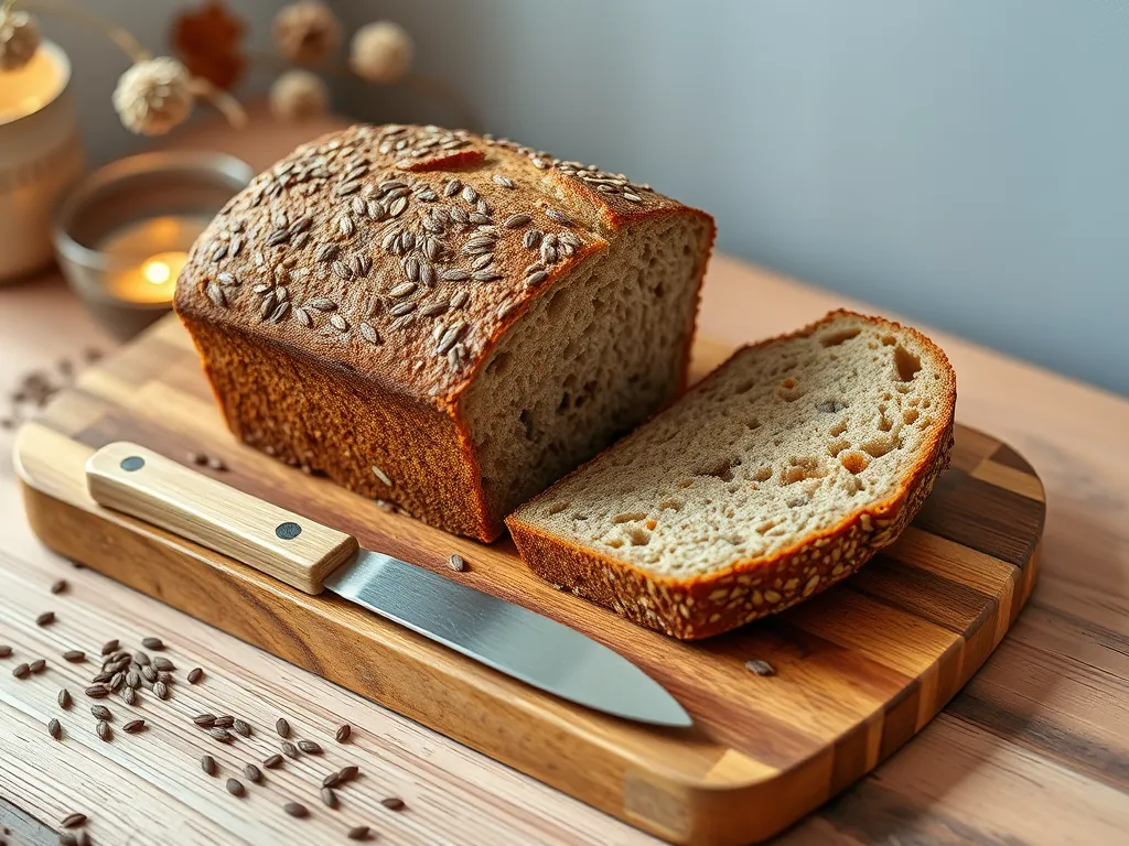 Freshly baked 90-second flax bread on a wooden cutting board
