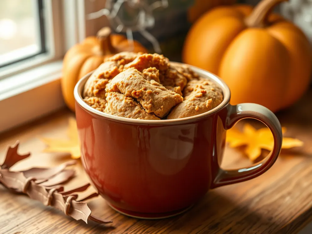Delicious easy 90-second pumpkin bread in a red mug with pumpkins in the background