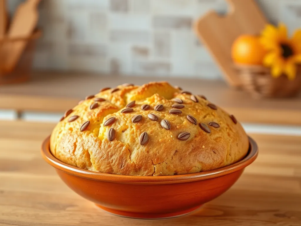 Delicious easy 90-second sunflower bread topped with sunflower seeds, perfect for a quick bake.