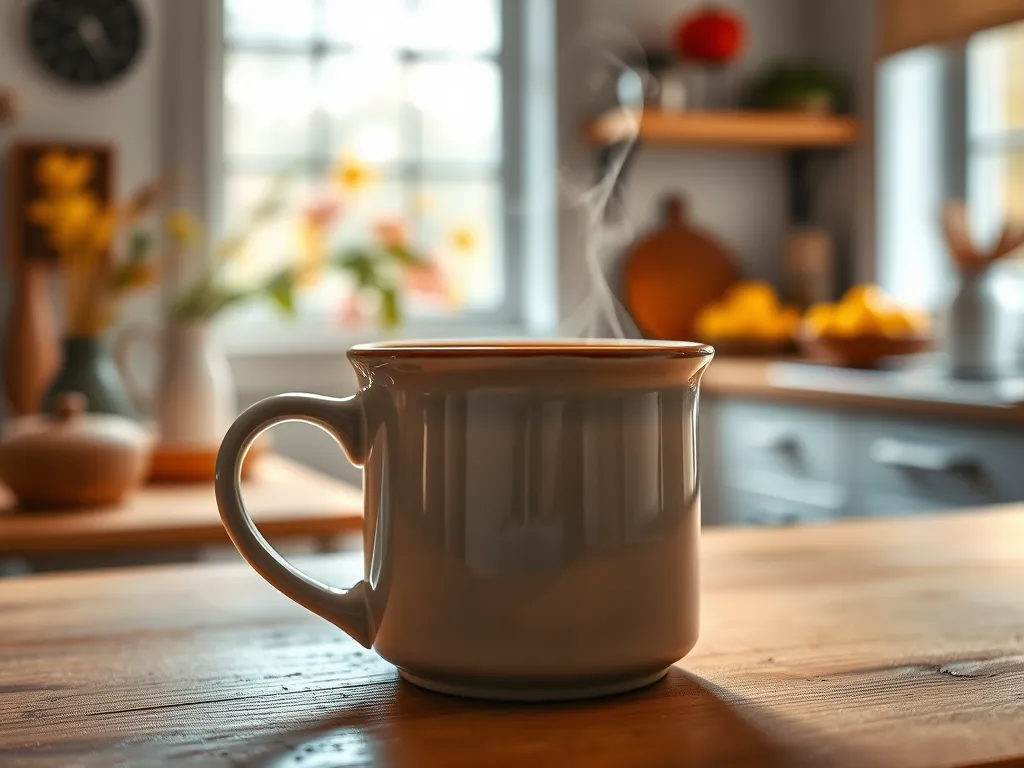 A steaming cup of coffee beside a warm zucchini bread in a cozy kitchen setting.