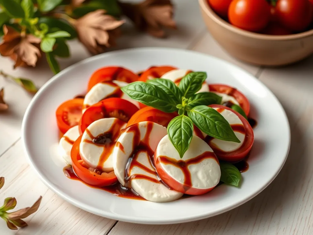 Delicious Easy Caprese Salad drizzled with microwave balsamic glaze