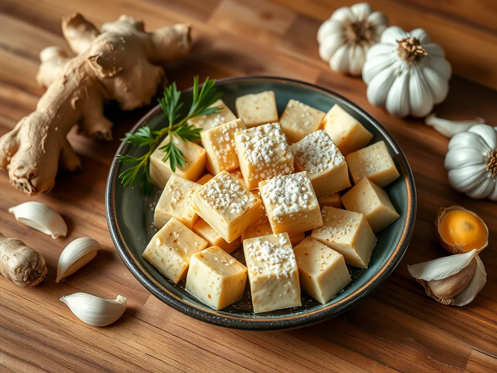 Cubed tofu prepared with ginger and garlic surrounded by fresh ingredients, perfect for a quick meal.