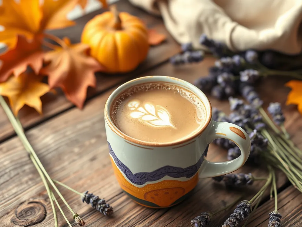 A delicious golden milk latte in a colorful mug surrounded by autumn leaves and lavender.
