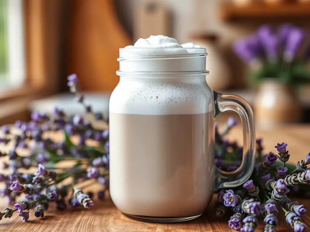 A frothy lavender latte in a jar surrounded by fresh lavender flowers, perfect for a quick 2-minute recipe.