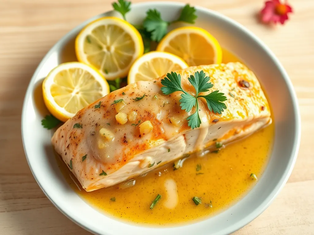 Delicious easy lemon garlic salmon with lemon slices and herbs