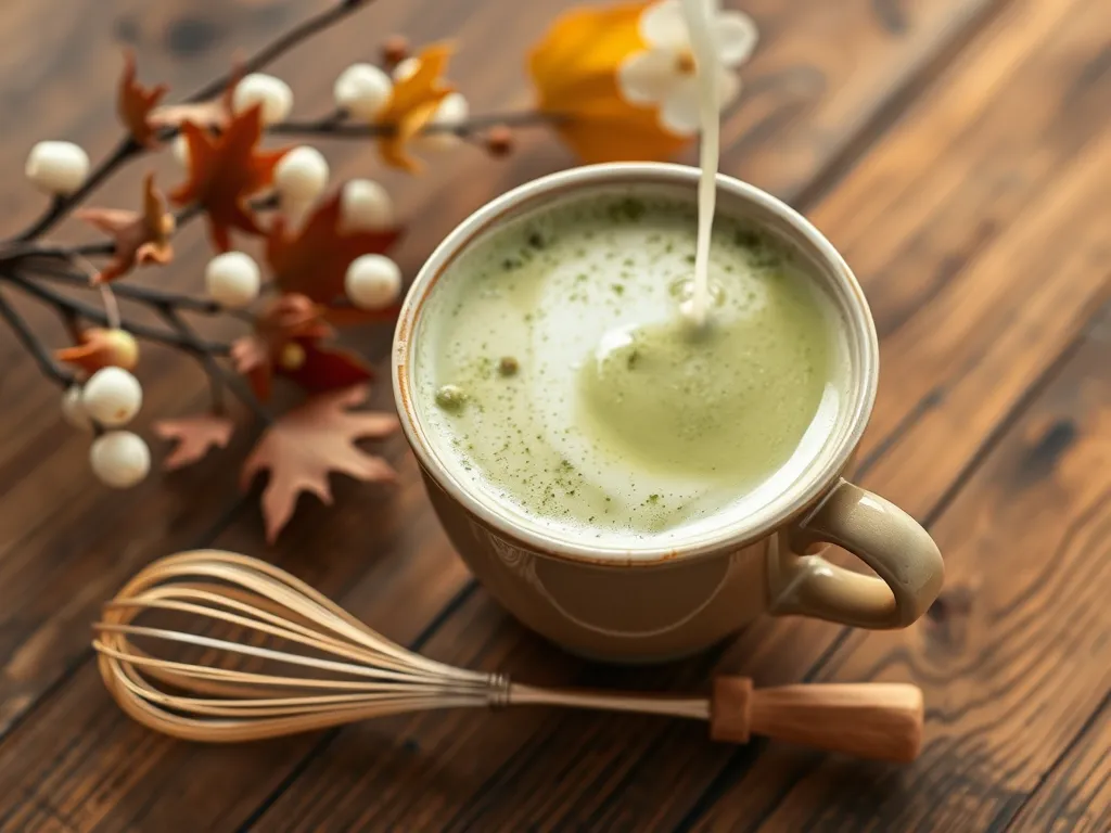 Creamy easy 2-minute matcha latte topped with frothy foam and matcha powder.