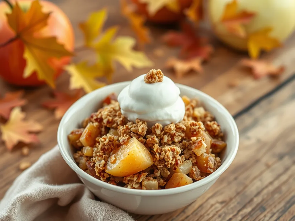 Delicious easy microwave apple crisp topped with whipped cream and surrounded by apples and autumn leaves.