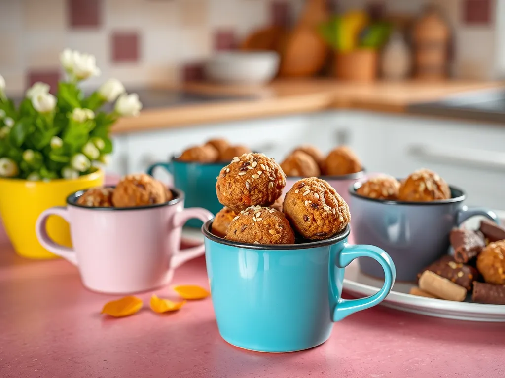 Delicious easy mug falafel bites in colorful mugs with a plant in the background.