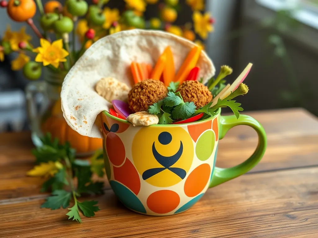 Vibrant mug filled with falafel, fresh vegetables, and wrap, ideal for an easy falafel burrito recipe.