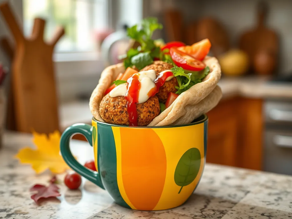 A delicious mug falafel gyro featuring falafel balls, fresh vegetables, and sauces.