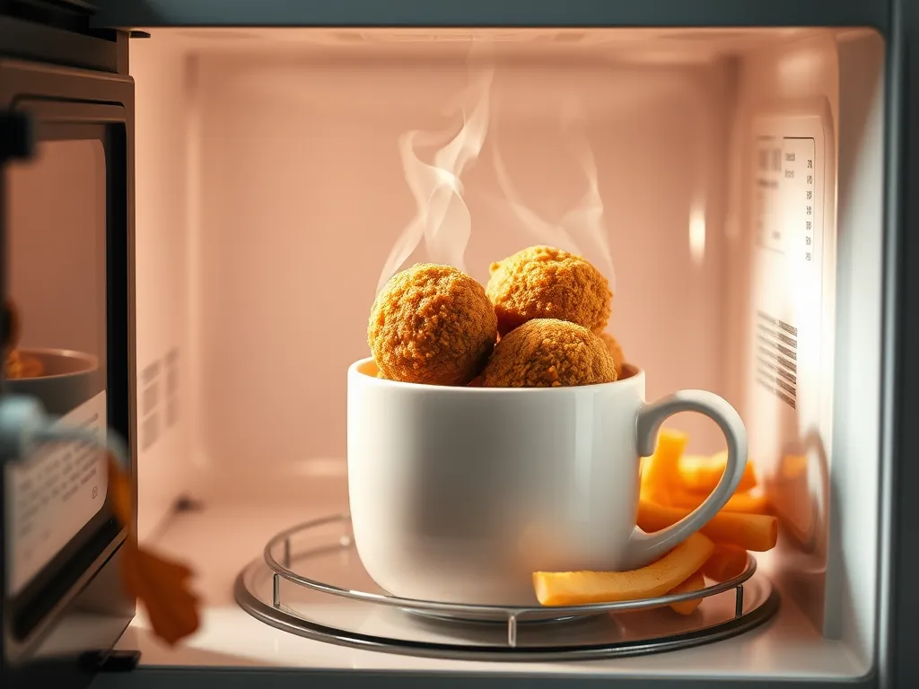 Mug filled with falafel balls cooking in a microwave for easy meal preparation.